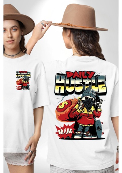 Iskelet Adam Soyguncu Sokak Tarzı Kadın Erkek Ön Minimal Sırt Baskılı Beyaz Pamuklu Tişört