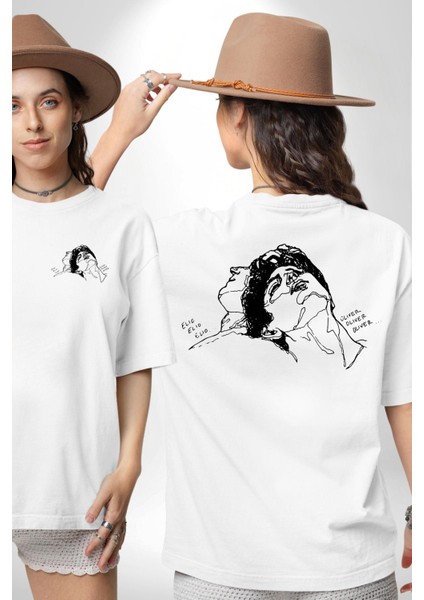 Elio ve Oliver Çizim Kadın Erkek Ön Minimal Sırt Baskılı Beyaz Pamuklu Tişört