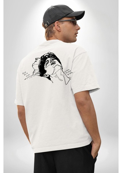 Elio ve Oliver Çizim Kadın Erkek Ön Minimal Sırt Baskılı Beyaz Pamuklu Tişört fiyatları