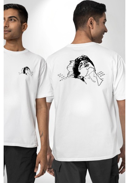 Elio ve Oliver Çizim Kadın Erkek Ön Minimal Sırt Baskılı Beyaz Pamuklu Tişört fırsatları