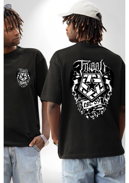 Tribal Gear Logo Kadın Erkek Ön Minimal Sırt Baskılı Siyah Pamuklu Tişört