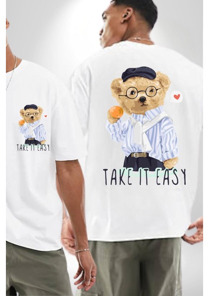 Boşver Oyuncak Tatlı Ayı Kadın Erkek Ön Minimal Sırt Baskılı Beyaz Pamuklu Tişört