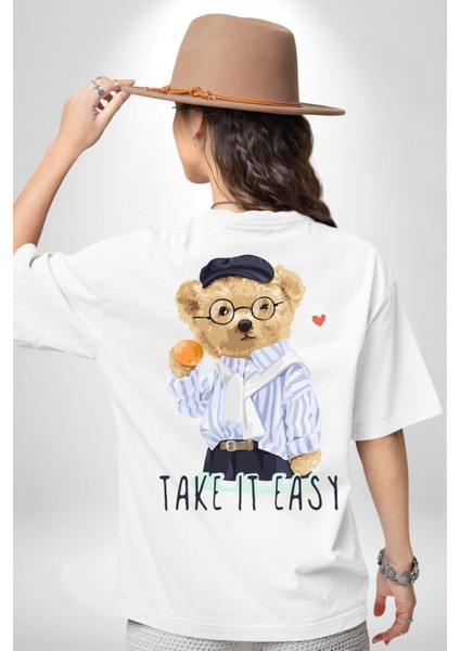 Boşver Oyuncak Tatlı Ayı Kadın Erkek Ön Minimal Sırt Baskılı Beyaz Pamuklu Tişört fiyatları