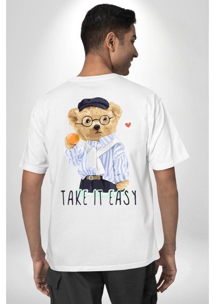 Boşver Oyuncak Tatlı Ayı Kadın Erkek Ön Minimal Sırt Baskılı Beyaz Pamuklu Tişört fırsatları