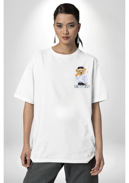 Boşver Oyuncak Tatlı Ayı Kadın Erkek Ön Minimal Sırt Baskılı Beyaz Pamuklu Tişört indirimleri