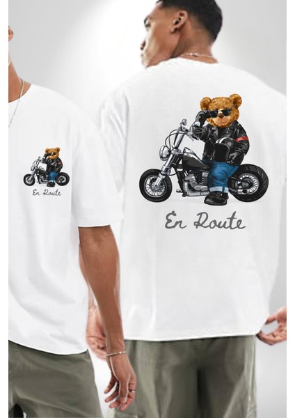 Havalı Motor Süren Oyuncak Ayı Kadın Erkek Ön Minimal Sırt Baskılı Beyaz Pamuklu Tişört