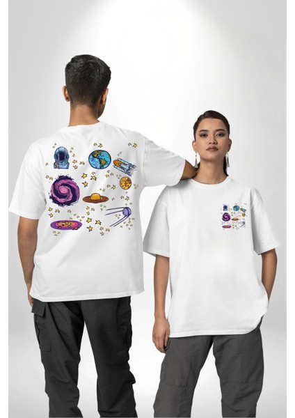 Uzay Evrensel Yıldızlar Gezegenler Kadın Erkek Ön Minimal Sırt Baskılı Beyaz Pamuklu Tişört