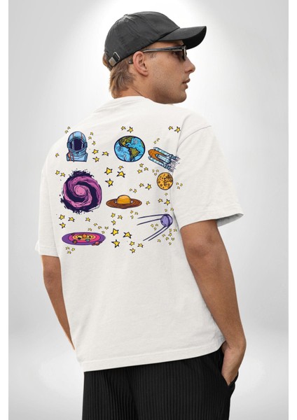 Uzay Evrensel Yıldızlar Gezegenler Kadın Erkek Ön Minimal Sırt Baskılı Beyaz Pamuklu Tişört fiyatları