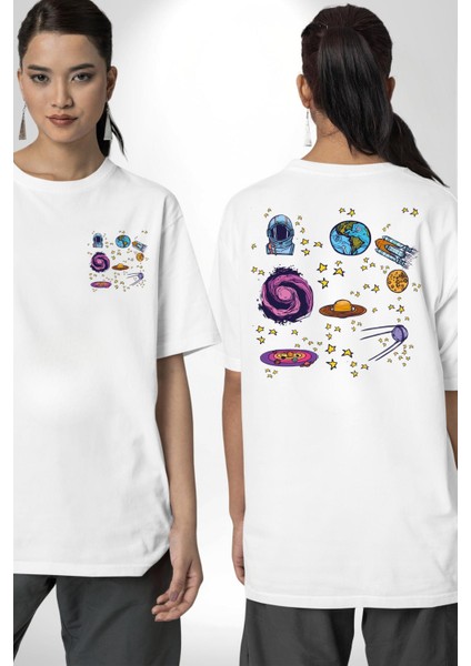 Uzay Evrensel Yıldızlar Gezegenler Kadın Erkek Ön Minimal Sırt Baskılı Beyaz Pamuklu Tişört fırsatları