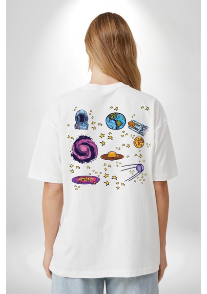 Uzay Evrensel Yıldızlar Gezegenler Kadın Erkek Ön Minimal Sırt Baskılı Beyaz Pamuklu Tişört indirimleri