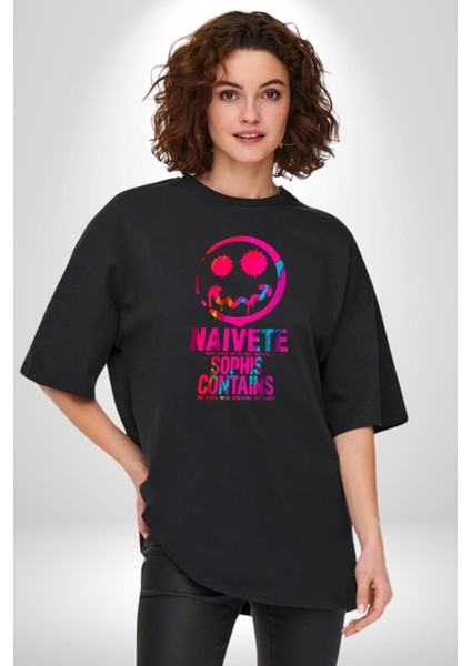 Gülen Rengarenk Surat Kadın Erkek Ön Baskılı Siyah Pamuklu Tişört Penye Klasik