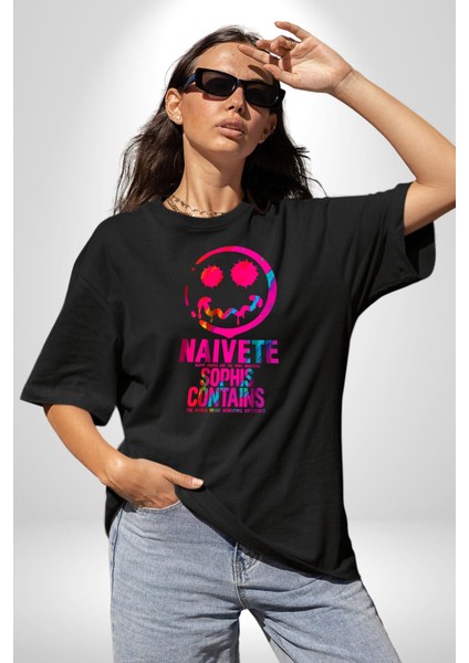 Gülen Rengarenk Surat Kadın Erkek Ön Baskılı Siyah Pamuklu Tişört Penye Klasik modelleri