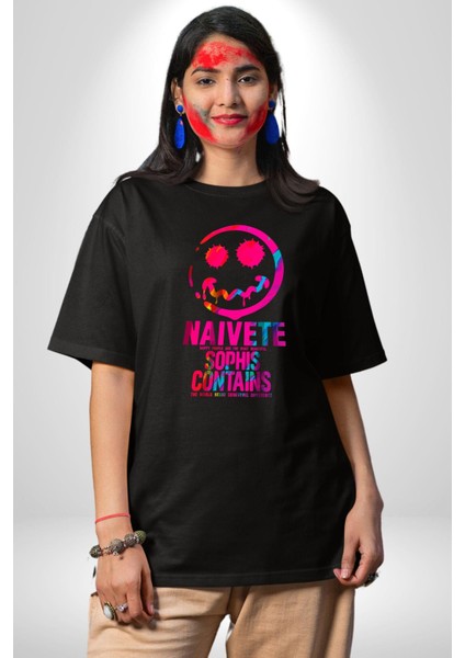 Gülen Rengarenk Surat Kadın Erkek Ön Baskılı Siyah Pamuklu Tişört Penye Klasik fırsatları