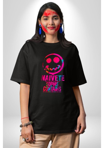 Gülen Rengarenk Surat Kadın Erkek Ön Baskılı Siyah Pamuklu Tişört Penye Klasik indirimleri