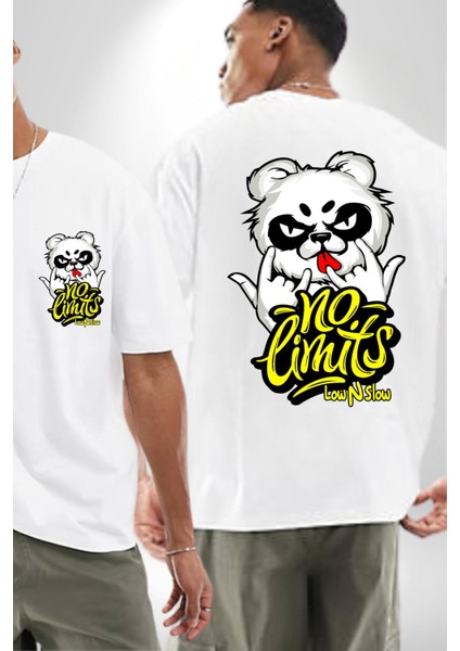 Havalı Panda Limit Yok Kadın Erkek Ön Minimal Sırt Baskılı Beyaz Pamuklu Tişört
