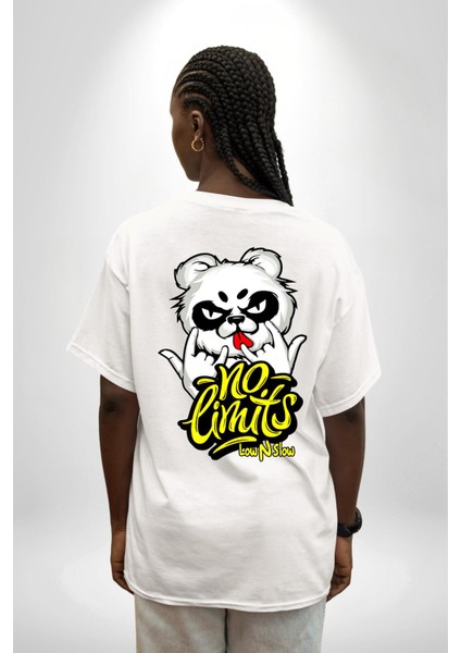 Havalı Panda Limit Yok Kadın Erkek Ön Minimal Sırt Baskılı Beyaz Pamuklu Tişört fiyatları