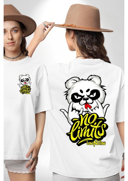 Havalı Panda Limit Yok Kadın Erkek Ön Minimal Sırt Baskılı Beyaz Pamuklu Tişört fırsatları