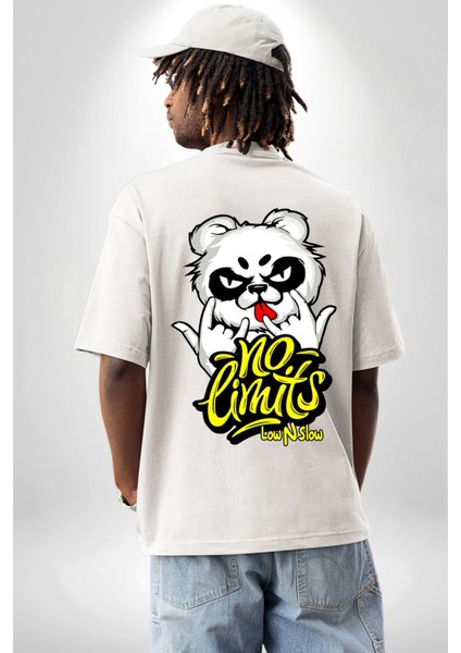 Havalı Panda Limit Yok Kadın Erkek Ön Minimal Sırt Baskılı Beyaz Pamuklu Tişört indirimleri