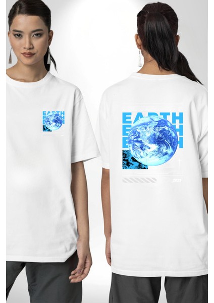 Dünya Tekno Sokak Tarzı Kadın Erkek Ön Minimal Sırt Baskılı Beyaz Pamuklu Tişört