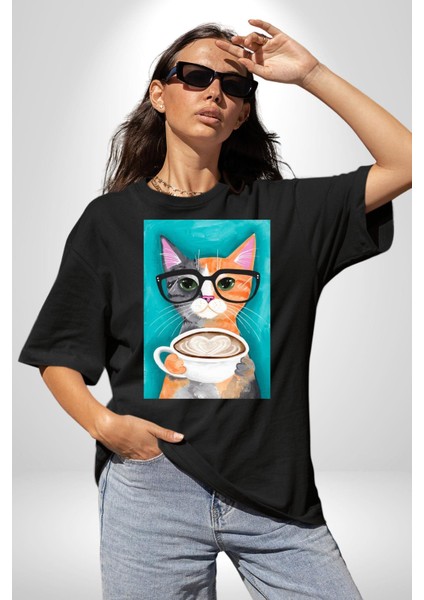 Kahve Içen Gözlüklü Entel Kedi Kadın Erkek Ön Baskılı Siyah Pamuklu Tişört Penye Klasik
