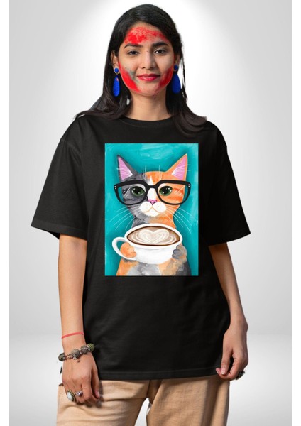 Kahve Içen Gözlüklü Entel Kedi Kadın Erkek Ön Baskılı Siyah Pamuklu Tişört Penye Klasik fiyatları