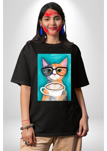 Kahve Içen Gözlüklü Entel Kedi Kadın Erkek Ön Baskılı Siyah Pamuklu Tişört Penye Klasik modelleri