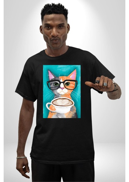 Kahve Içen Gözlüklü Entel Kedi Kadın Erkek Ön Baskılı Siyah Pamuklu Tişört Penye Klasik fırsatları