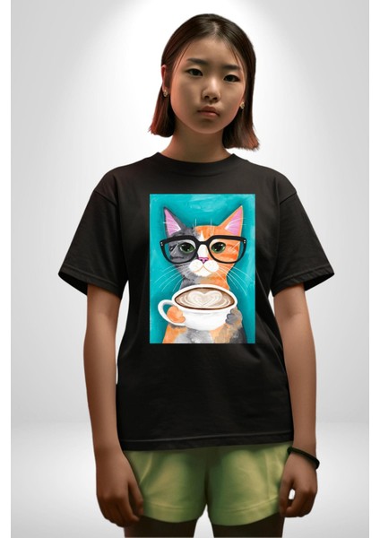 Kahve Içen Gözlüklü Entel Kedi Kadın Erkek Ön Baskılı Siyah Pamuklu Tişört Penye Klasik indirimleri
