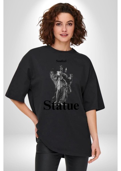 Yunan Heykeli Statue Kadın Erkek Ön Baskılı Siyah Pamuklu Tişört Penye Klasik modelleri