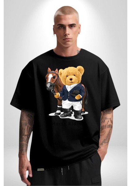 Binici Tatlı Havalı Oyuncak Ayı Kadın Erkek Ön Baskılı Siyah Pamuklu Tişört Penye Klasik