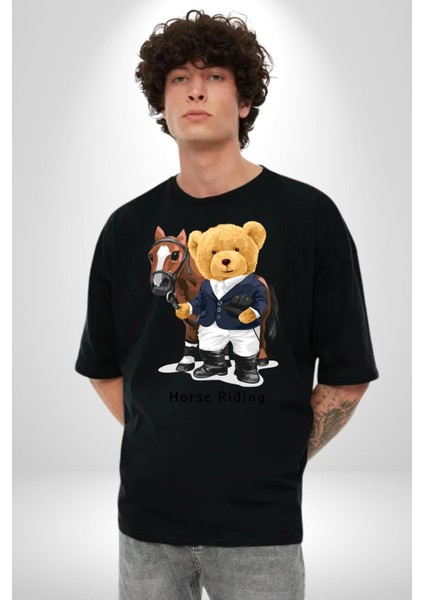 Binici Tatlı Havalı Oyuncak Ayı Kadın Erkek Ön Baskılı Siyah Pamuklu Tişört Penye Klasik fiyatları