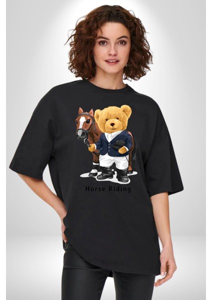 Binici Tatlı Havalı Oyuncak Ayı Kadın Erkek Ön Baskılı Siyah Pamuklu Tişört Penye Klasik modelleri