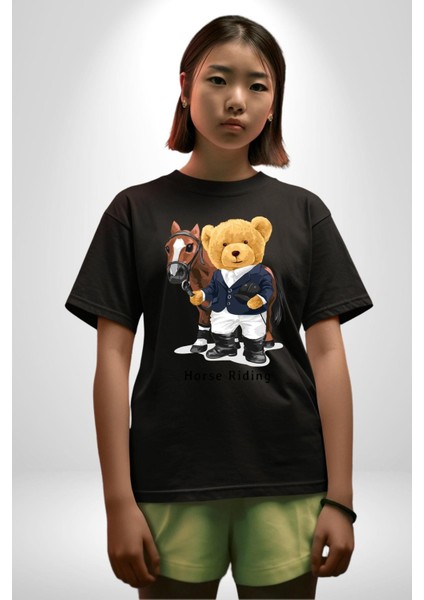 Binici Tatlı Havalı Oyuncak Ayı Kadın Erkek Ön Baskılı Siyah Pamuklu Tişört Penye Klasik fırsatları