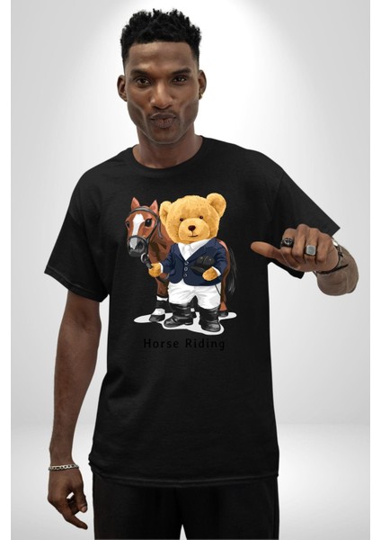 Binici Tatlı Havalı Oyuncak Ayı Kadın Erkek Ön Baskılı Siyah Pamuklu Tişört Penye Klasik indirimleri