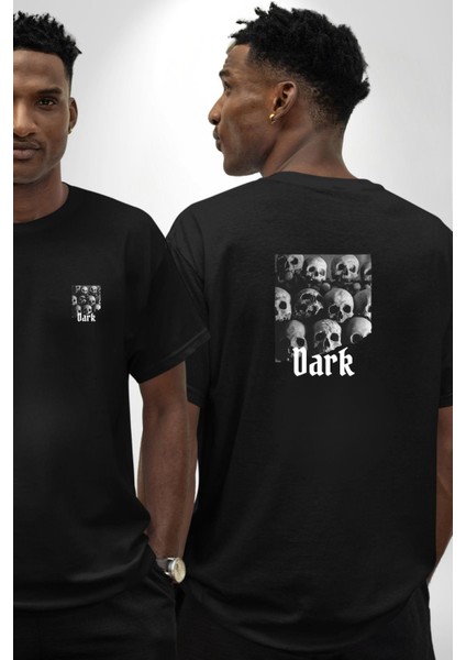 Karanlık Kurukafalar Dark Vibe Kadın Erkek Ön Minimal Sırt Baskılı Siyah Pamuklu Tişört