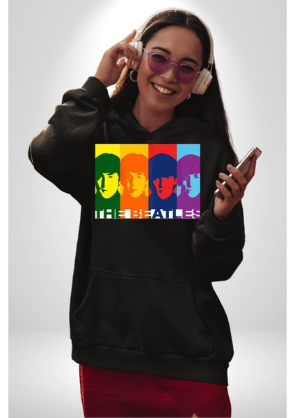 The Beatles Efsane Grup Kadın Erkek Baskılı Üç Iplik Siyah Kapüşonlu Hodie Sweatshirt