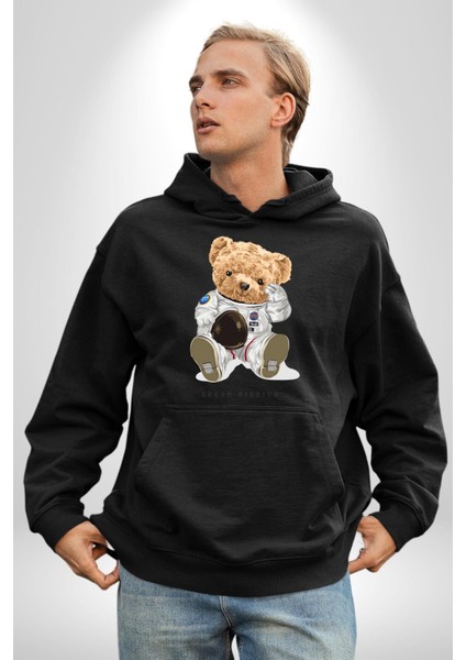 Astronot Uzay Oyuncak Ayı Kadın Erkek Baskılı Üç Iplik Siyah Kapüşonlu Hodie Sweatshirt modelleri