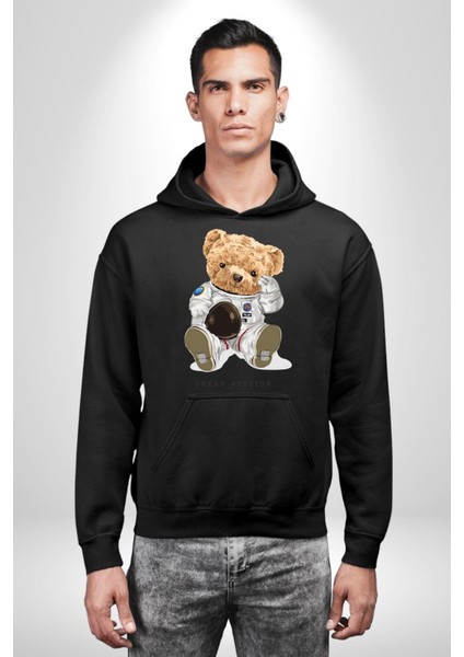 Astronot Uzay Oyuncak Ayı Kadın Erkek Baskılı Üç Iplik Siyah Kapüşonlu Hodie Sweatshirt fırsatları