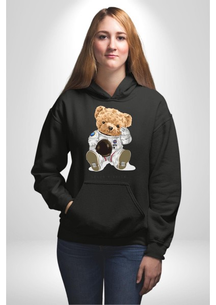 Astronot Uzay Oyuncak Ayı Kadın Erkek Baskılı Üç Iplik Siyah Kapüşonlu Hodie Sweatshirt indirimleri