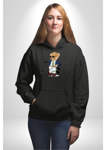 Havalı Iş Adamı Oyuncak Ayı Kadın Erkek Baskılı Üç Iplik Siyah Kapüşonlu Hodie Sweatshirt