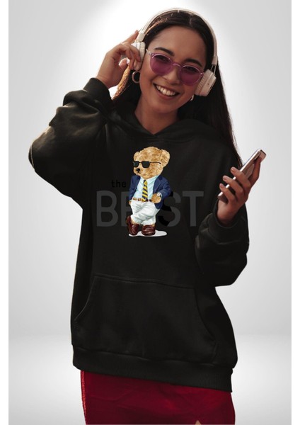 Havalı Iş Adamı Oyuncak Ayı Kadın Erkek Baskılı Üç Iplik Siyah Kapüşonlu Hodie Sweatshirt fiyatları