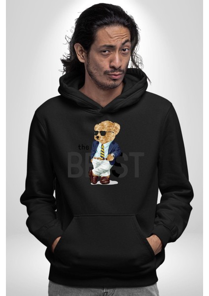 Havalı Iş Adamı Oyuncak Ayı Kadın Erkek Baskılı Üç Iplik Siyah Kapüşonlu Hodie Sweatshirt fırsatları