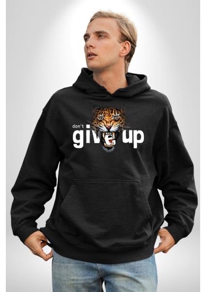 Kaplan Asla Pes Etme Kadın Erkek Baskılı Üç Iplik Siyah Kapüşonlu Hodie Sweatshirt
