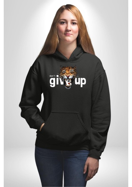 Kaplan Asla Pes Etme Kadın Erkek Baskılı Üç Iplik Siyah Kapüşonlu Hodie Sweatshirt