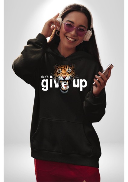 Kaplan Asla Pes Etme Kadın Erkek Baskılı Üç Iplik Siyah Kapüşonlu Hodie Sweatshirt