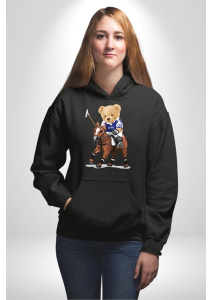 Jokey Tatlı Oyuncak Ayı Polo Kadın Erkek Baskılı Üç Iplik Siyah Kapüşonlu Hodie Sweatshirt