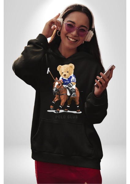 Jokey Tatlı Oyuncak Ayı Polo Kadın Erkek Baskılı Üç Iplik Siyah Kapüşonlu Hodie Sweatshirt fiyatları