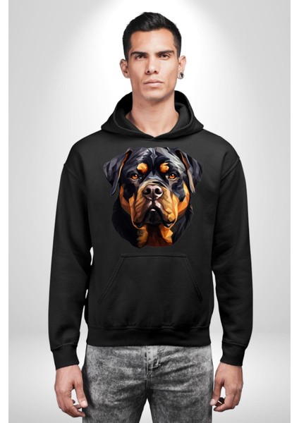 Rottweiler Alman Irkı Köpek Kadın Erkek Baskılı Üç Iplik Siyah Kapüşonlu Hodie Sweatshirt