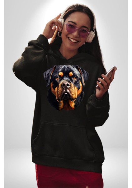 Rottweiler Alman Irkı Köpek Kadın Erkek Baskılı Üç Iplik Siyah Kapüşonlu Hodie Sweatshirt modelleri