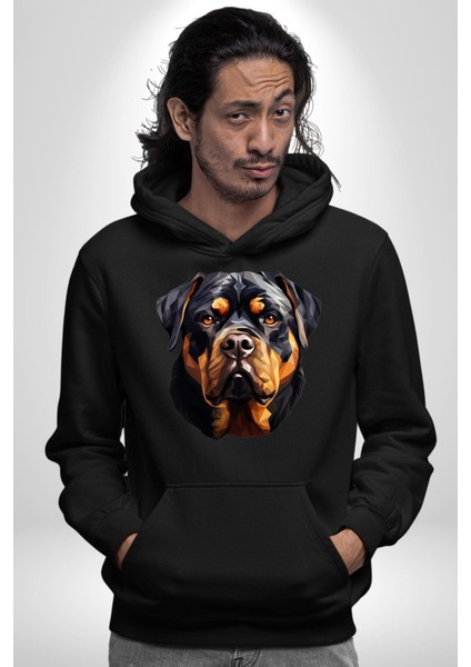 Rottweiler Alman Irkı Köpek Kadın Erkek Baskılı Üç Iplik Siyah Kapüşonlu Hodie Sweatshirt indirimleri